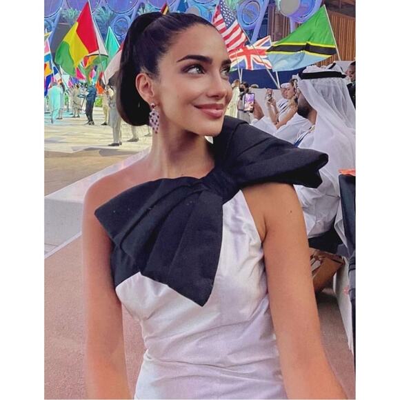 RASARIO One Shoulder Bow Embellished Silk Satin Black and White Maxi Gown Sz 10 - Picture 3 of 13